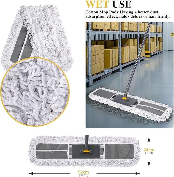 Masthome 36" Commercial Mop, Heavy Duty Industrial Floor Mop with 2 Microfiber Pads, 60" Adjustable Large Dust Mop,Wet Dry Flat Mops for Office Garage Warehouse Factory Mall
