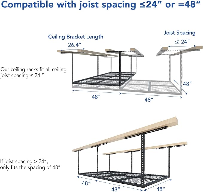FLEXIMOUNTS 4x8 Overhead Garage Ceiling Storage Rack Organization, Black | 750lbs Weight Capacity, 22"-40" Adjustable Organization System, Heavy-Duty Metal Ceiling Racks, Classic Series