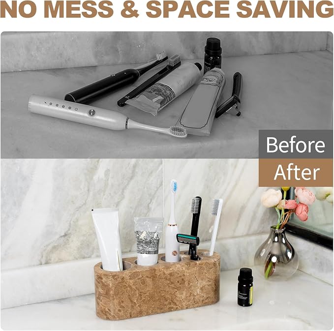 Toothbrush Holder for Bathrooms, 6 Slots Marble Toothbrush and Toothpaste Holder Stand Bathroom Organizer Countertop for Electric Toothbrush, Floss, Razor, Comb-Chestnut Brown