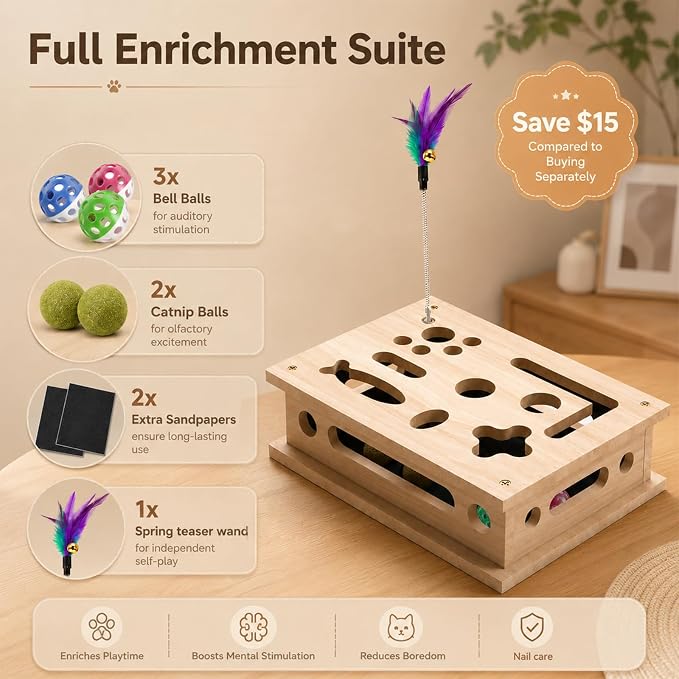 2026 New Cat Scratch Puzzle Enrichment Box, Interactive Cat Nail File Box with Catnip & Bell Ball, Cat Scratcher Toy with Teaser Wand, Stress-Free Alternative to Clippers & Grinders
