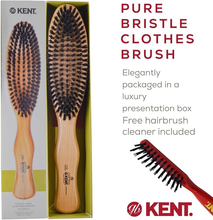Kent CC20 Double Sided Cherrywood Clothes Brush and Lint Remover, Firm Side for Dust and Dirt, Soft Side for Gentle Brushing for Keeping Fabrics Free from Fibres, Fluff and Pet Hair, Made in England
