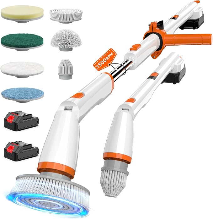 Cordless Electric Spin Scrubber with Smart Display, 1500RPM Powerful Cleaning, 4000mAh Rechargeable Battery, 7 Replaceable Brushes – Ideal for Bathtub, Tile, Floor & Shower