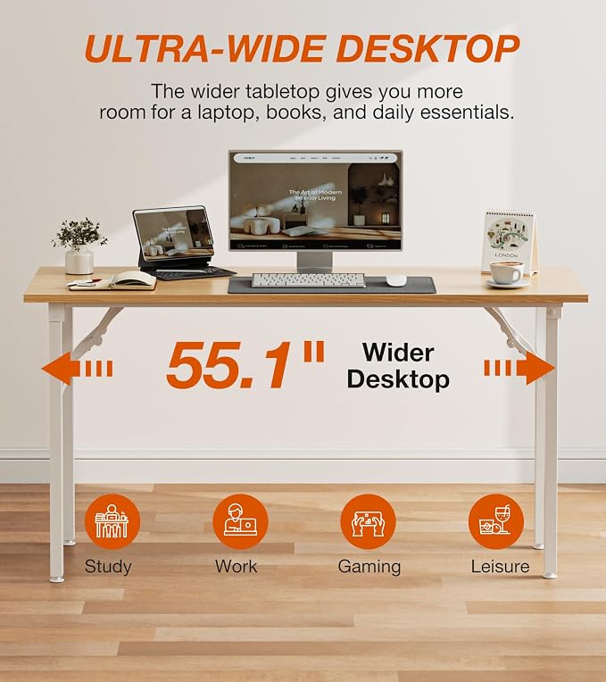 XBurmo Folding Desk Foldable Table, No Assembly 55.1" Foldable Desk Space-Saving Workstation for Small Space, Computer Table, Flat Storage for Home Office, Bedroom, Dorm, Study Room, Light Maple