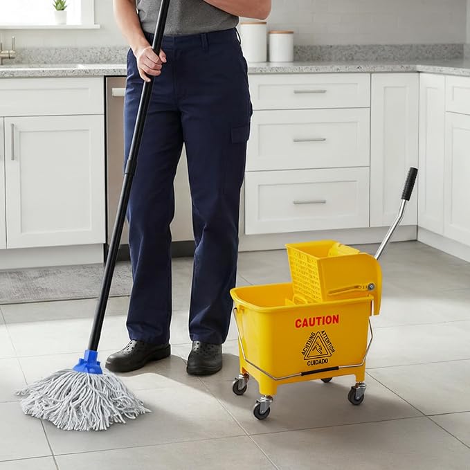 PLASTIC PRINCE Small Mop Bucket with Wringer on Wheels 5 Gallon, Heavy Duty Dual Chamber Mini Mop Bucket Separate Dirty Water, Perfect for Household, 20 Quart Yellow