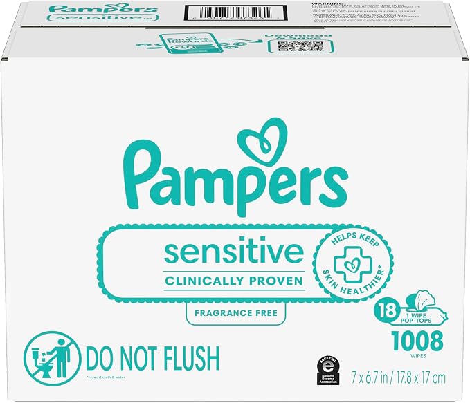 Pampers Sensitive Baby Wipes, Clinically Proven, Fragrance Free, Unscented, Water Based, Hypoallergenic, Multi-Use, Hand Wipes 1008 Wipes Total (18X Flip-Top Packs) [Packaging May Vary]