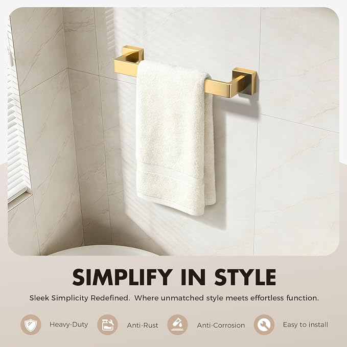 Bathroom Accessory Towel Bar Set: 20 Pieces Gold Bathroom Hardware Square SUS304 Stainless Steel - Wall Mounted Towel Rack&Toilet Paper Holder&Towel Ring and Towel Hook