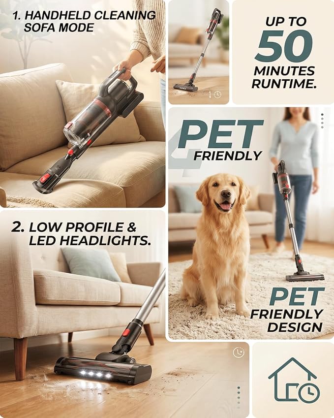 Pet Cordless Stick Vacuum Cleaner, 1L Dust Cup | LED Headlights, Removable Handheld Vac, Crevice Tool | Portable Vacuum for Pet Hair | Carpet & Hard Floors | 50-Min Runtime