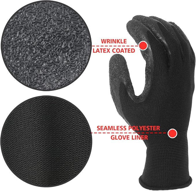 Evridwear Crinkle Latex Rubber Hand Coated Safety Work Gloves for Men Women General Multi Use Construction Warehouse Gardening Assembly Landscaping,Black Large 12 Pairs Pack