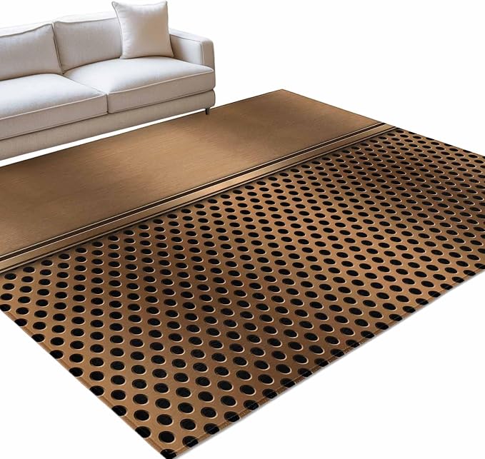 Large Area Rug 8'x10', Brown Metal Hole Washable Rectangular Area Rugs for Bedroom Living Room Office, Modern Copper Net Eye Hole Pattern Non Slip Kitchen Rug Mats Indoor Floor Accent Throw Carpet