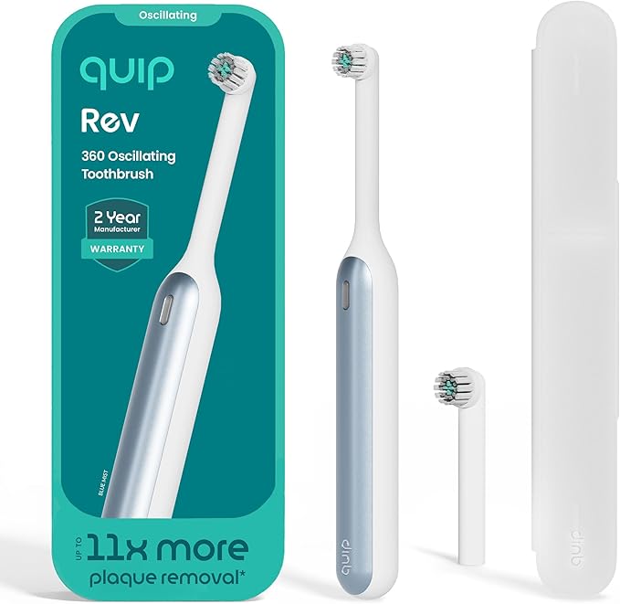 Quip Rev Oscillating Rechargeable Electric Toothbrush with Extra Brush Head - Soft Bristles, Pressure Sensor, 3 Intensities, 30-Day Battery Life, 2-Min Timer, Travel Case, Mirror Mount - Blue Mist