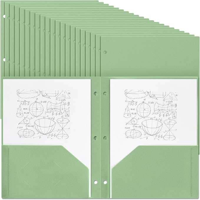 Yeaqee 100 Pcs Plastic Folders with Pockets Bulk 3 Hole Punched 2 Pocket File Folders for 3 Ring Binder Divider Folder for Notebooks, Durable Poly for Office Home (Sage Green)
