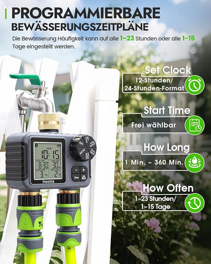 Insoma 2-Zone Sprinkler Timer Brass Inlet/Outlet, Water Hose Timer with Auto/Manual Modes + Rain Delay | Big LCD Dispay | Hose Timers for Garden, Yard Lawn, IPX5 Waterproof & Save Water
