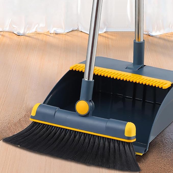 Broom and Dustpan Set, Cleaning with Dustpan Teeth, Stand up Broom & Dustpan Combo, Long Handle Broom with Dustpan Combo Set for Kitchen -ffice Lobby Floor and Dog Cat Pets Home Use