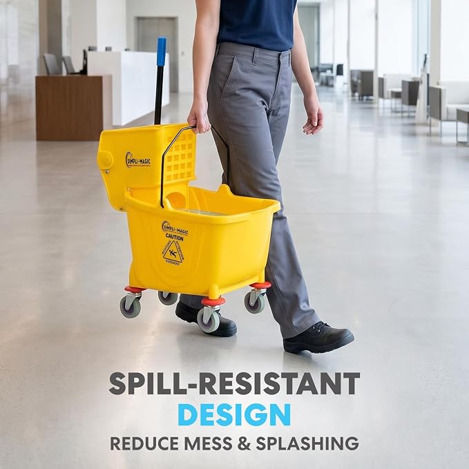 Simpli-Magic Commercial Mop Bucket with Side Press Wringer, 36 Quart, 50,000 Cycles Wringer, Industrial Mop Bucket with Wheels, Yellow, 79538A