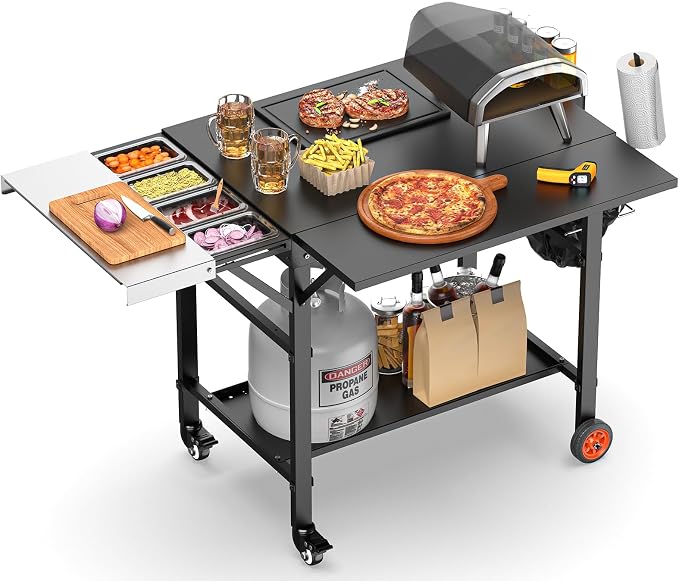 Pizza Oven Table for Ooni Pizza Ovens, Grill Cart Table with Topping Station, Pizzas Stands with Wheels, Expansive Countertop Pizzas Oven Accessories for Party Fits Blackstone Ninja Cuisinart Gozney