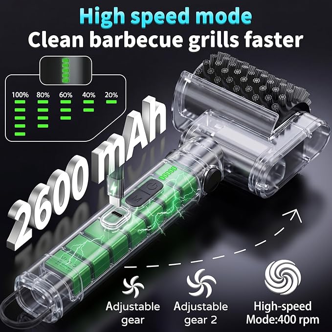Electric Grill Brush for Outdoor - 3-Speed & Angle Adjust Cordless Rotary Grill Brush - 2026 NEW BBQ Grill Cleaner with 3 Heads - 180Mins Runtime Grill Cleaning Brush for Barbecue Grates