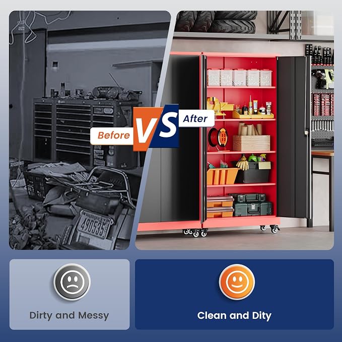 Metal Garage Storage Cabinet with Locking Doors and Adjustable Shelves,- 75" Rolling Steel Tool Cabinet for Home Office,Garage,Warehouse