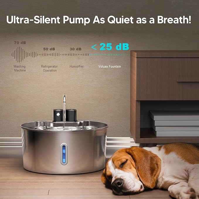 Voluas 7L Wireless Dog Water Fountain with 3 Filters, Stainless Steel | cordless Design, 236oz capacity, 4-layer filtration, ultra-quiet pump, water level window, easy clean for large dogs