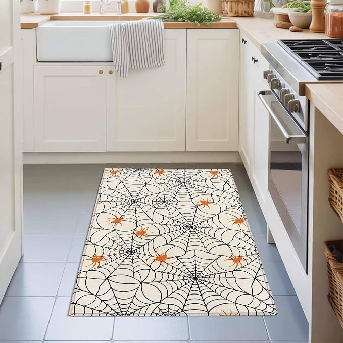 Entryway Area Rug 2'x3', Halloween Washable Small Area Rugs for Kitchen Bathroom Bedroom Office Laundry, Orange Black Net Classic Spiders Gingham Non Slip Door Mat Indoor Entrance Floor Throw Carpet