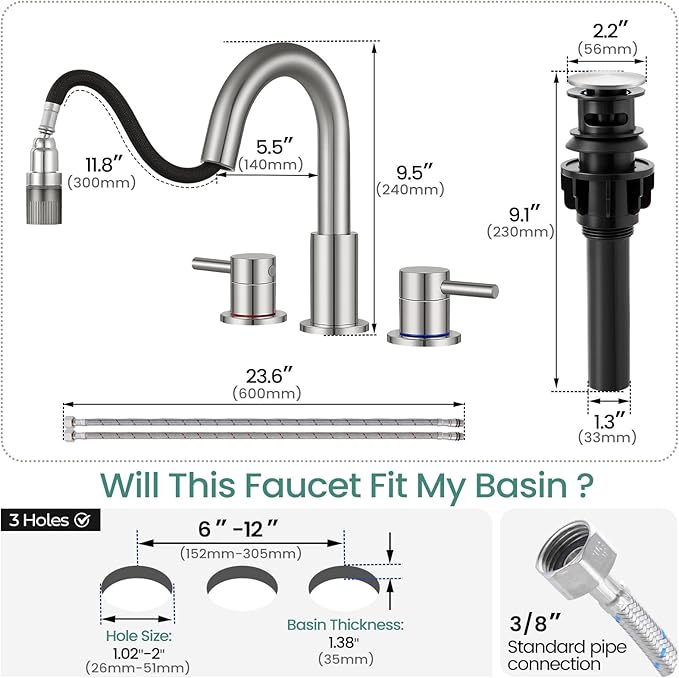 Brushed Nickel Pull Down Bathroom Faucet 3 Hole with Pop Up Drain, Bathroom Sink Faucet with Pull Down Sprayer 2 Modes, 8 inch Widespread Gold Faucet for Bathroom Sink, 2 Handle Vanity Faucet