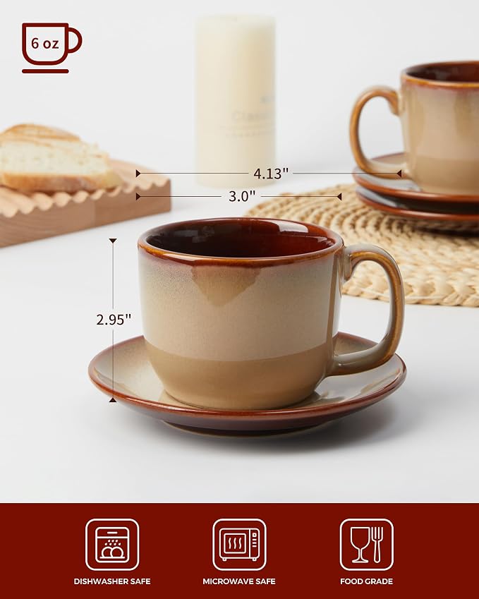 Pokini Stoneware Coffee Cups with Saucers, 6 Oz Cappuccino Cups Set of 4, Microwave & Dishwasher Safe, Perfect For Tea, Espresso, Latte, Ceramic Mugs for Kitchen or Cafe, Brown Yellow