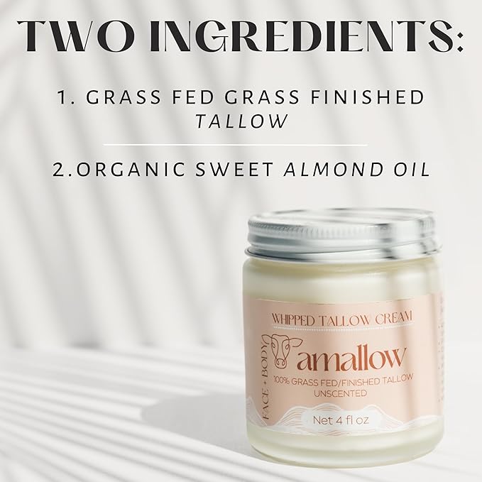 Amallow 100% Grass Fed Beef Tallow for Skin Care - Face + Body - Whipped Moisturizer for Sensitive Skin - Natural Lotion, 4 FL. oz. (Unscented)