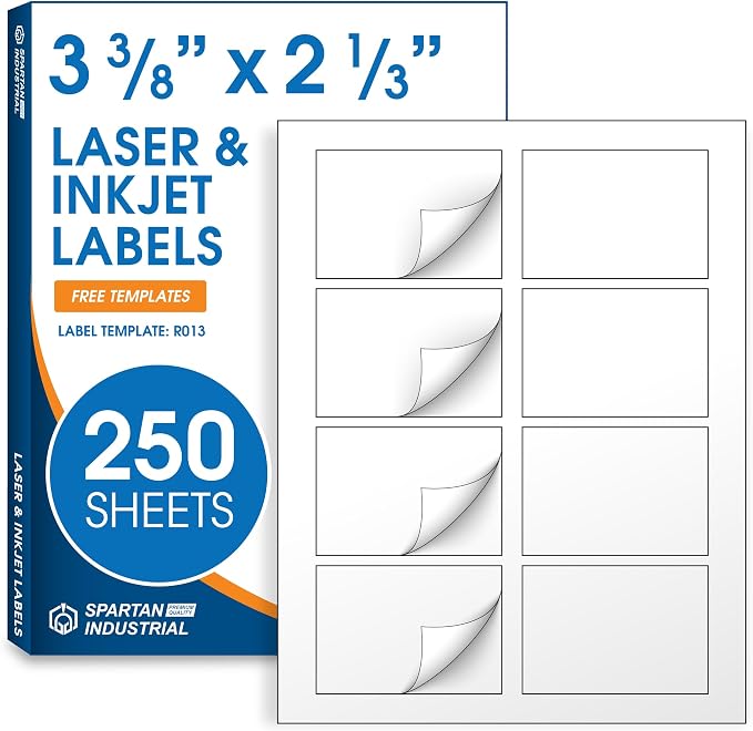 2 1/3" X 3 3/8" Matte White Printable Labels (250 Sheets, 2000 Stickers) Name Tag Stickers, Address and Shipping Labels for Laser & Inkjet Printers - Spartan Industrial Template R013