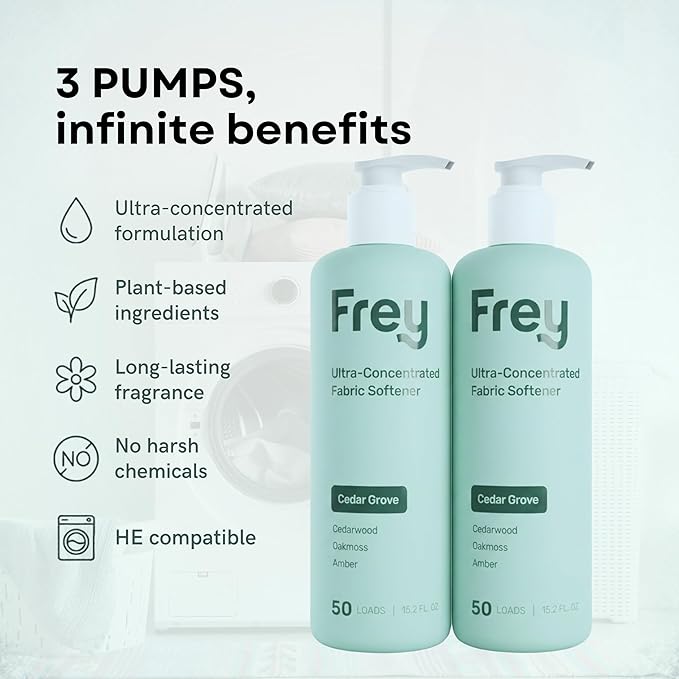 FREY Natural Liquid Fabric Softener and Conditioner | HE Laundry Softener for All Machines | Plant-Powered Eco Friendly Formula | 2-Pack, Cedar Grove