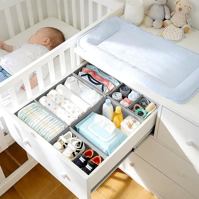 DIMJ Drawer Organizer Clothes, 28 Pack Dresser Organizer, Foldable Closet Organizers and Storage, Fabric Dresser Bins, Drawer Dividers for Nursery, Baby Clothes, Underwears, Sock,Gray