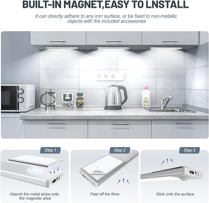 6 Pack Under Cabinet Lighting Wireless, 50 LED Rechargeable Battery Motion Sensor Light Indoor, Stick On Magnetic Closet Lights, Under Counter Lights for Kitchen, Stairs, White 12 in