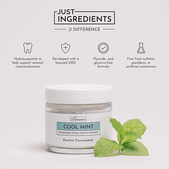 JUST INGREDIENTS Remineralizing Tooth Powder - Fluoride-Free - 1 oz | Hydroxyapatite Formula, Bentonite Clay, Calcium Carbonate, Vegan, Gluten Free, Sensitivity Relief, Adult And Tweens