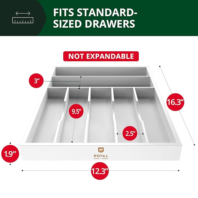 Luxury Bamboo Kitchen Drawer Organizer - Silverware Organizer - Utensil Holder and Cutlery Tray with Grooved Drawer Dividers for Flatware and Kitchen Utensils (7 Slot, White)