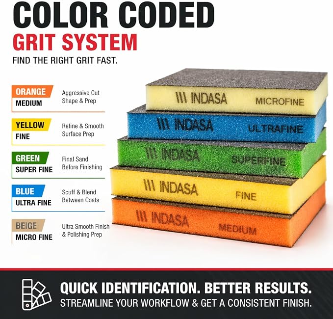 Indasa Rhyno Double Sided Sanding Sponge Pads – Aluminum Oxide, 4.75" x 3.75" x 1/2" – Flexible Foam Sanding Block (100 Pack) (Orange – Medium (120–220 Grit))