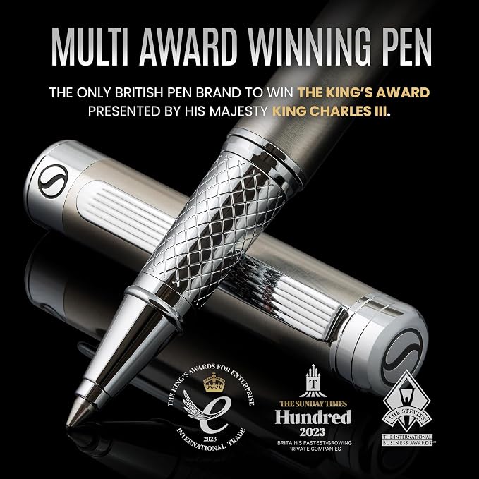 Scriveiner Stainless Steel Rollerball Pen - Stunning Luxury Metal Pen with Silver Chrome Finish, Schmidt Ink Refill, Best Roller Ball Pen Gift Set for Men & Women