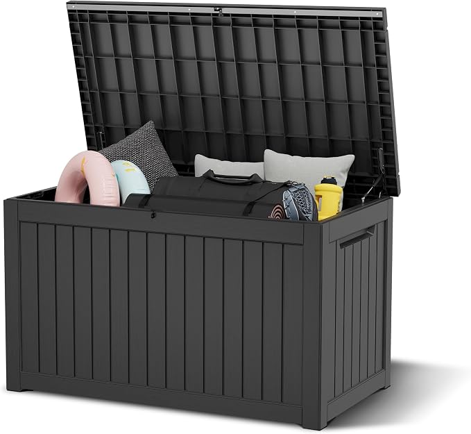 280 Gallon Outdoor Storage Box, Resin Deck Boxes Indoor and outdoor, Waterproof Storage Box Lockable Lid for Garden Tools, Package Delivery, Patio Cushions, Black