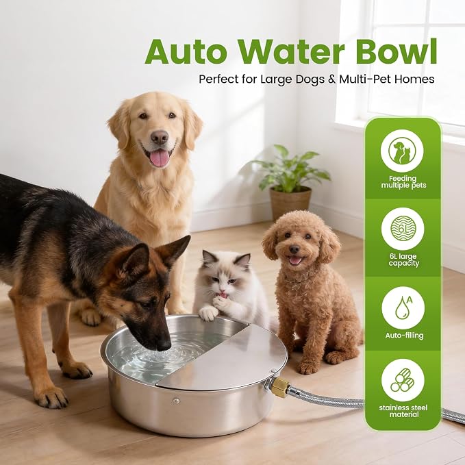 Automatic Dog Water Bowl Dispenser Large Breed Outdoor Pet Water Fountain with Float Valve 6.5L Heavy-Duty Stainless Steel Auto Waterer for Large Dogs Cats Puppy Chicken (1 Drinking Port)