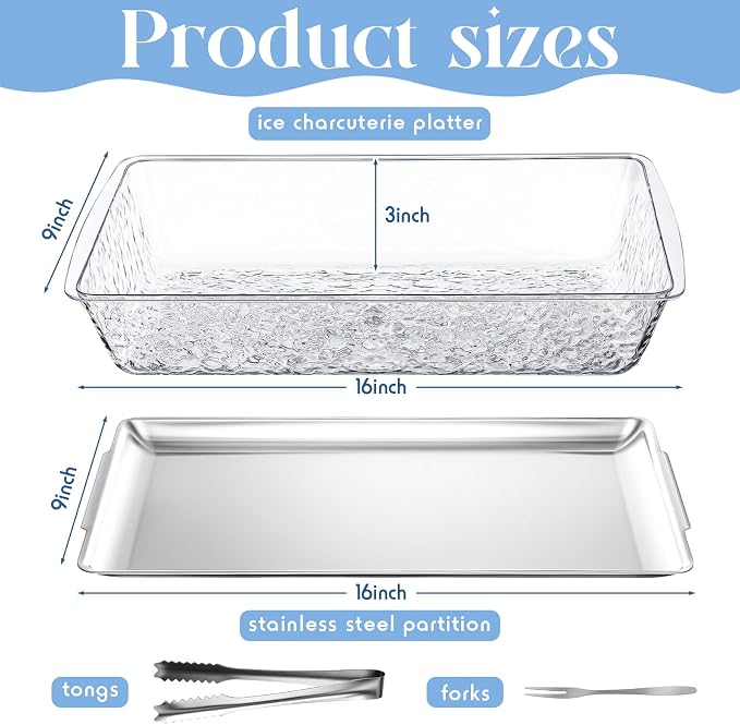 4 Set 16 x 9.45 Chilled Serving Tray for Parties with Compartments Ice Chilled Party Platter Charcuterie Serving Board with Forks Tongs for Fruit Seafood Vegetable Appetizer (Silver)