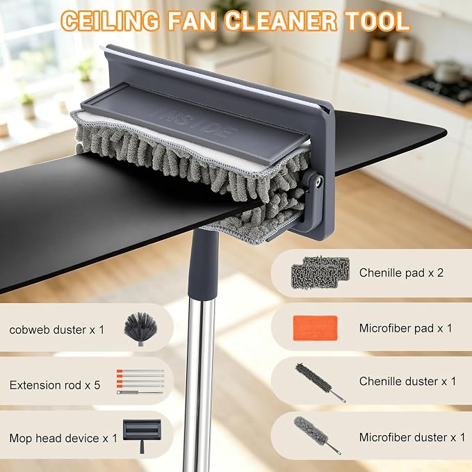 76 Inch Ceiling Fan Cleaner with Long Handle, 360° Fan Blade Cleaner, High Ceiling Duster Cleaning Kit with Cobweb Brush, Chenille and Microfiber Duster for Blinds, Walls and Light Fixtures