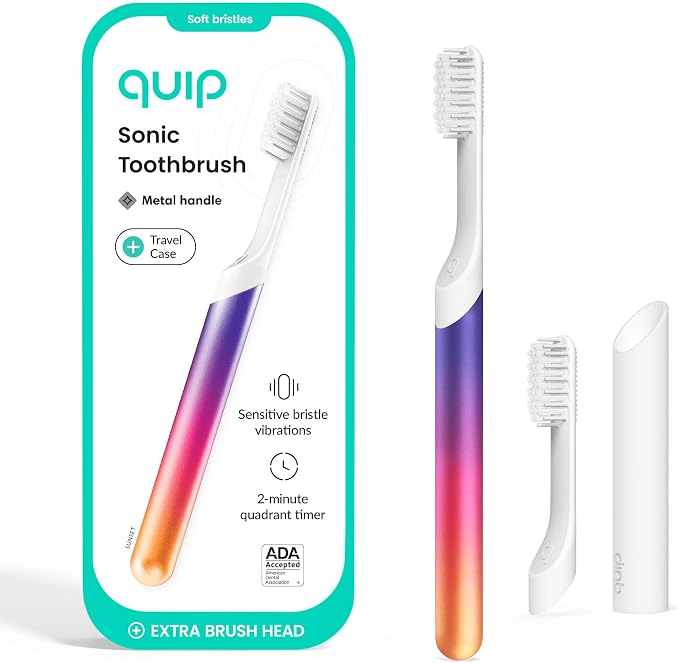 Quip Metal Sonic Electric Toothbrush for Adults - Time Travel & Soft Bristles with Travel Case & Replacement Brush Head - 3 Month Battery Life, Sunset