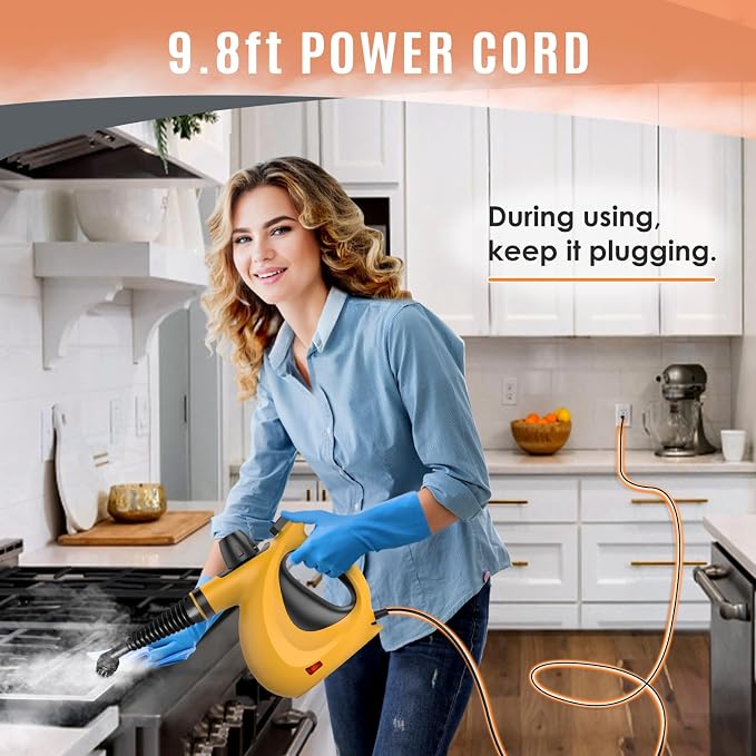Phueut Pressurized Handheld Multi-Surface Natural Steam Cleaner with 12 pcs Accessories, Multi-Purpose Steamer for Home Use, Steamer for Cleaning Floor, Upholstery, Grout and Car (Orange)