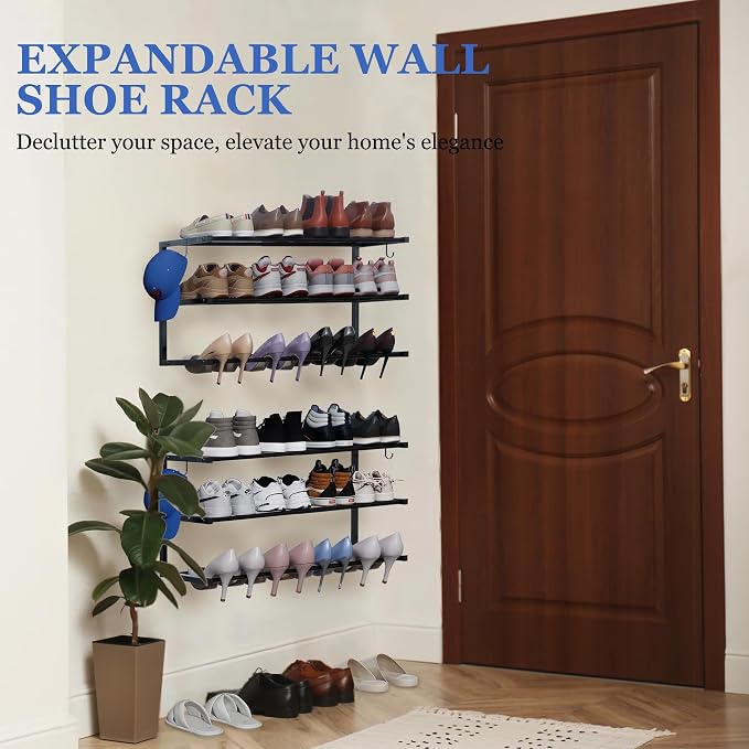 4 Pack Wall Mounted Shoe Rack, 3 Tier Hanging Shoe Rack Holds 48 Pairs, 17"-30"Adjustable Heavy Duty Metal Shoe Organizer Holder with 8 Storage Hooks, Space Saving for Closet Entryway Doorway（Black)
