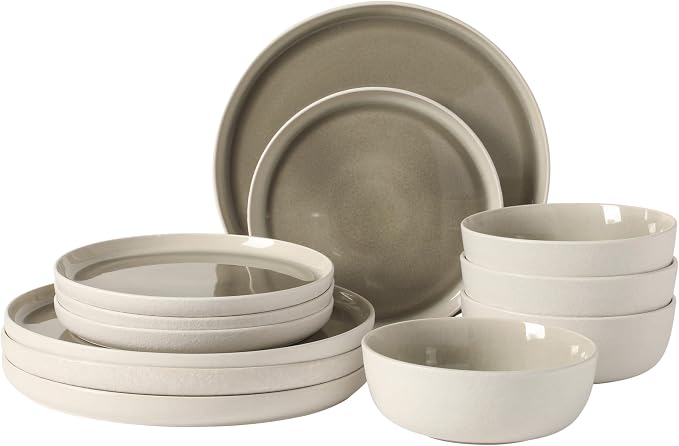 Gibson Elite Tahoe Sunset 12-Piece Reactive Stoneware Dinnerware Set – Matte Exterior & Shiny Interior Plates and Bowls, Durable Everyday Dish Set, Microwave & Dishwasher Safe - Grey