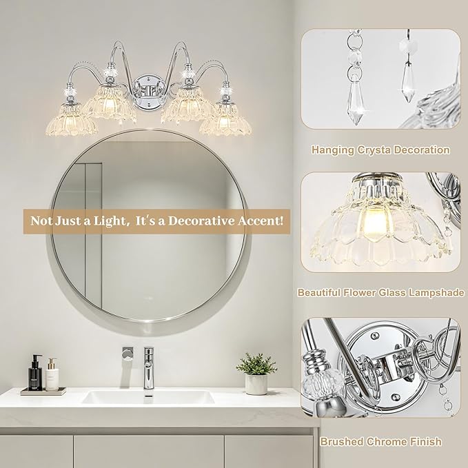 Brushed Chrome Bathroom Vanity Light, 4-Light Chrome Finish Wall Sconce with Hanging Crystal Accents and Flower-Shaped Clear Glass Shades, Modern Wall Mount Vanity Light Over Mirror for Bathroom
