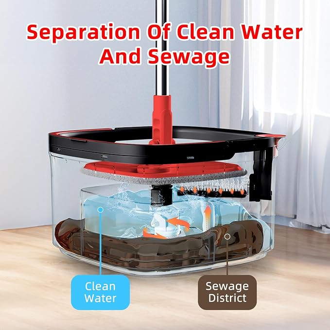 Spin Mop and Bucket Set with Separation Dirty and Clean Water System, Self Wringing 360° Rotating Clean Mop-Head and Bucket Set for Hardwood Tile Marble Floor with 6pc Replaceable Mop Pads
