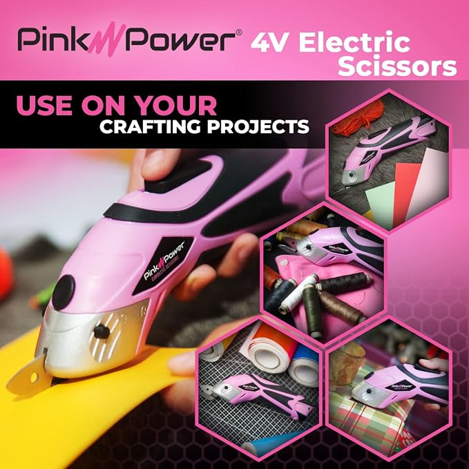 Pink Power Electric Fabric Scissors for Crafts, Sewing, Cardboard, Carpet & Scrapbooking - Heavy Duty Cutting Tool, Automatic Cordless Electric Scissors Fabric Cutter & Rotary Cutter Set (Pink)