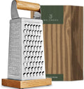 WALDWERK Premium Grater with Etched Stainless Steel Blades - Grater for Kitchen with Oak Wood Base - Box Grater with 4 Sides for Parmesan Cheese, Vegetables, Carrots, or Potatoes - Cheese Grater