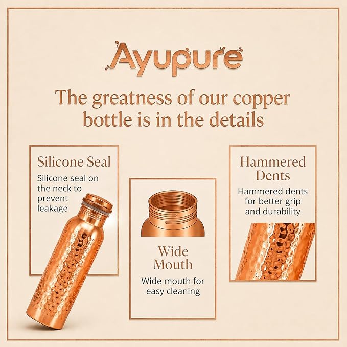 Hammered Pure Copper Water Bottle 34 Oz with Free Cleaning Brush & Carry Bag | 100% Pure Copper Drinking Bottle | Leak Proof Ayurvedic Flask | Metal Water Bottle for Gym, Yoga, Office & Travel