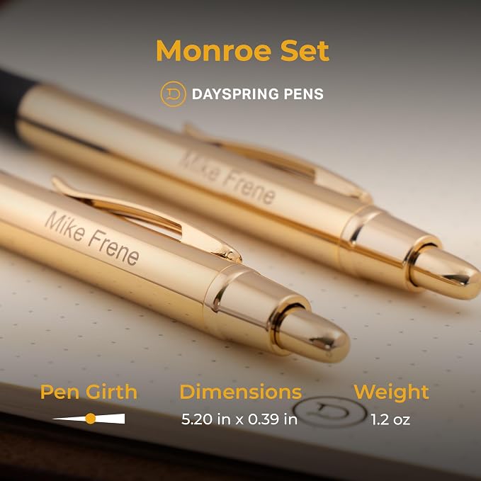 Dayspring Pens Monroe 18K Gold Pen and Pencil Set, Custom Engraved, Click Action, Medium Point Black Ink, Gift for Graduation, Birthdays, Career Advancement, New Job, Gifting Case Included