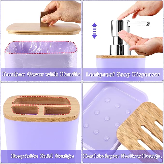 XLHOMO Bathroom Sets with Shower Curtain and Rugs, 27PCS Purple Bathroom Accessories Set with Trash Can, Purple Shower Curtain Set, No Slip Super Absorbent Bathroom Rugs