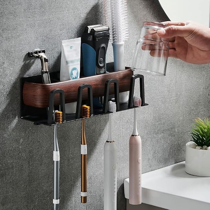 Toothbrush Rack Wall Mounted Wood Grain Toothbrush Holder Multifunctional Storage Rack Bathroom Toothpaste Holder with Hook Accessories Bathroom Toothbrush Holder(Large)